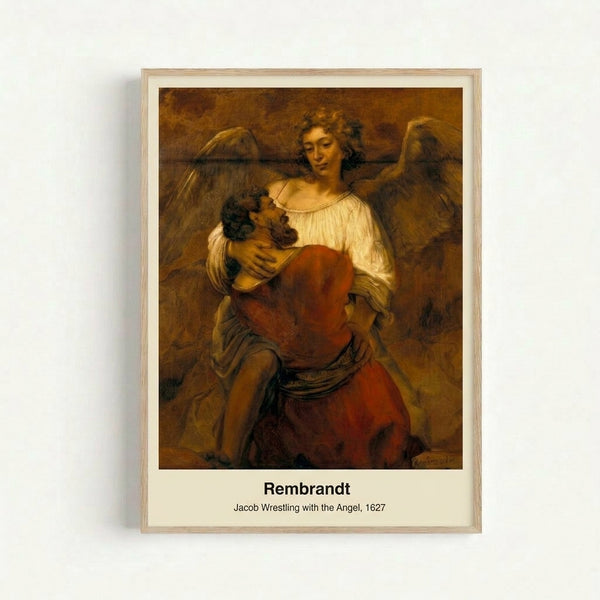 Impressionist-style wall art showing a man grappling with an angelic figure in shadowy ochre and brown tones, capturing a moment of divine conflict.