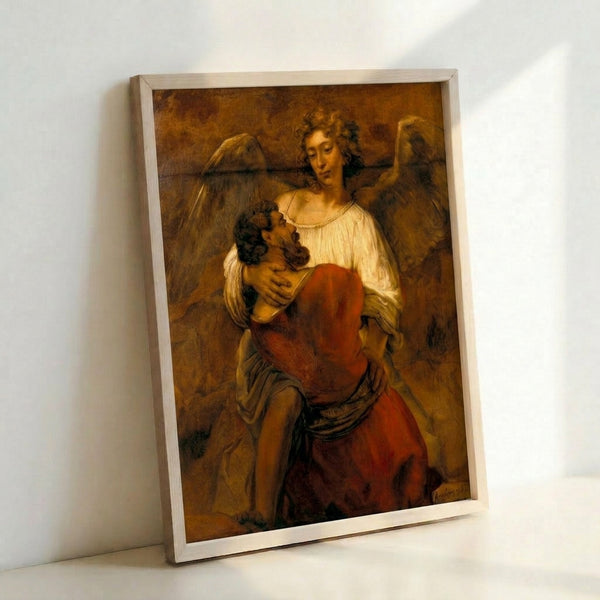 Vintage poster print featuring the biblical scene of Jacob's wrestling match with an angel, painted in rich Baroque style with golden and earthy hues.