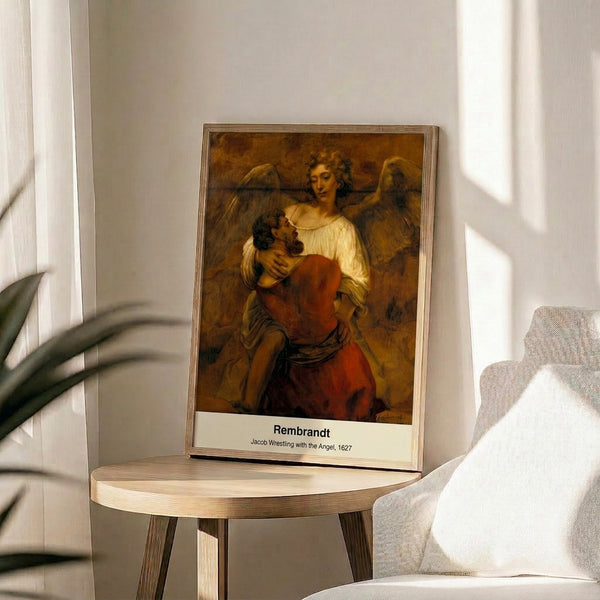 Dramatic religious wall art depicting the wrestling of Jacob and the angel in warm brown and gold impressionist brushwork, spiritually charged and powerful.