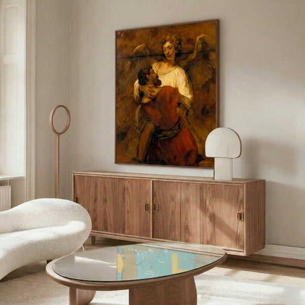 Poster art print of the legendary biblical encounter between man and angel rendered in dark, moody Baroque tones with luminous gold accents.