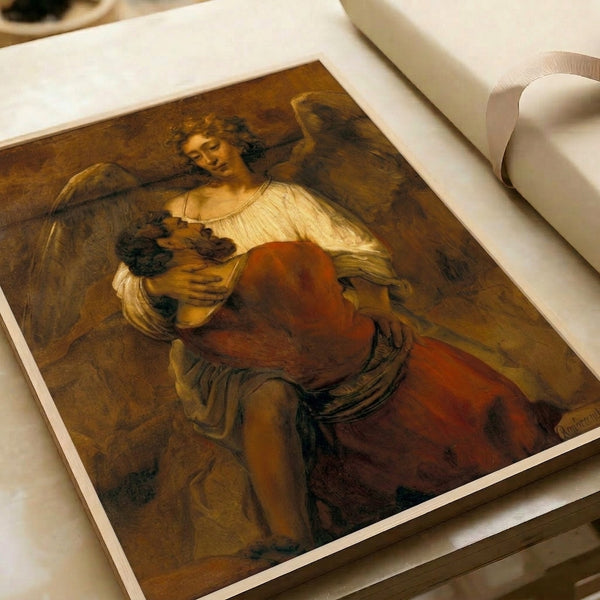 Framed wall print showcasing the intense spiritual combat between Jacob and angel in Rembrandt's masterful style, dominated by shadow and golden light.