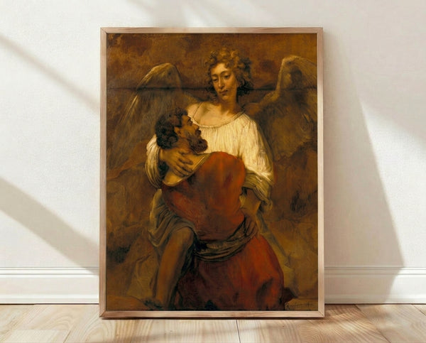 Baroque oil painting of Jacob Wrestling with the Angel, a dramatic scene rendered in warm golds and deep shadows, framed poster art on a gallery wall.