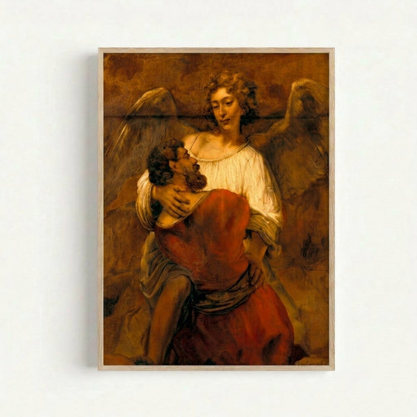 Framed reproduction of Rembrandt's Jacob Wrestling with the Angel, featuring a muscular figure grappling with a luminous angelic form against moody earth tones.