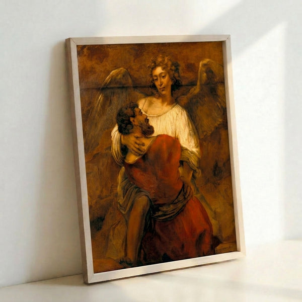 Classic masterpiece poster showing an intense wrestling match between man and angel, painted in rich browns and golden light with spiritual intensity.