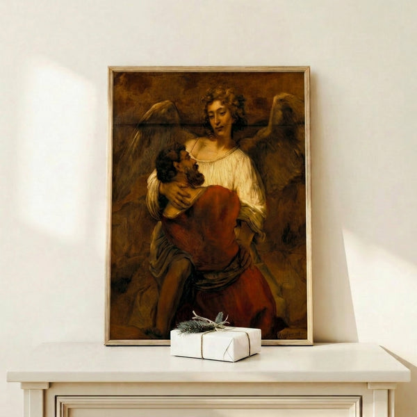 Vintage-style framed print of the biblical Jacob and Angel encounter, rendered in Baroque style with dramatic chiaroscuro lighting and warm ochre palette.