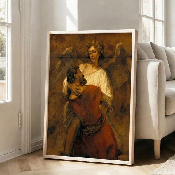 Wall art print depicting Jacob's struggle with the angel in classical Rembrandt technique, featuring dynamic composition and shadowy amber tones.