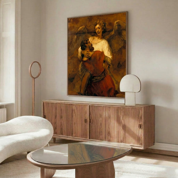 Baroque angel poster art showing Jacob grappling with a divine figure, executed in warm sepia and gold hues with atmospheric depth and drama.