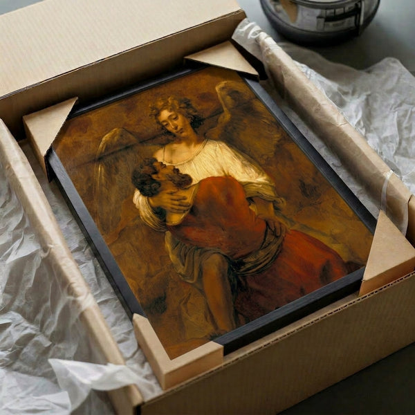 Framed masterpiece print capturing the pivotal moment of Jacob wrestling the angel, painted in earthy tones and golden light with powerful spiritual mood.