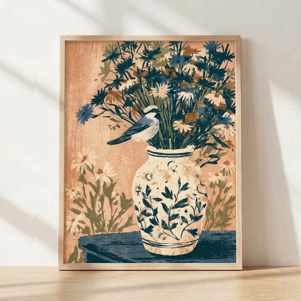 Minimalist Japandi art print depicting a small chickadee perched beside a ceramic vase holding delicate daisies, rendered in warm tan, cream, teal, and soft olive tones.
