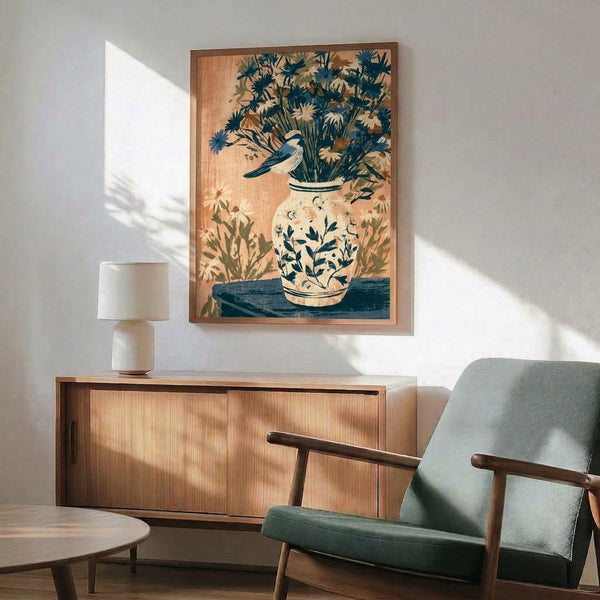 Framed botanical wall art in calming Japandi style featuring a dark-teal chickadee and cream wildflowers in a rustic pot, evoking quiet domestic serenity.
