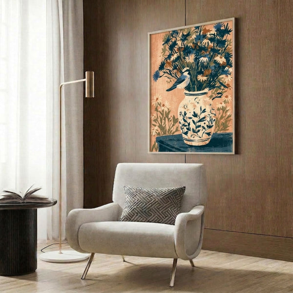 Contemplative nature poster with a chickadee and blooming daisy arrangement in a wabi-sabi aesthetic, using earthy cream, rust, and muted green hues.