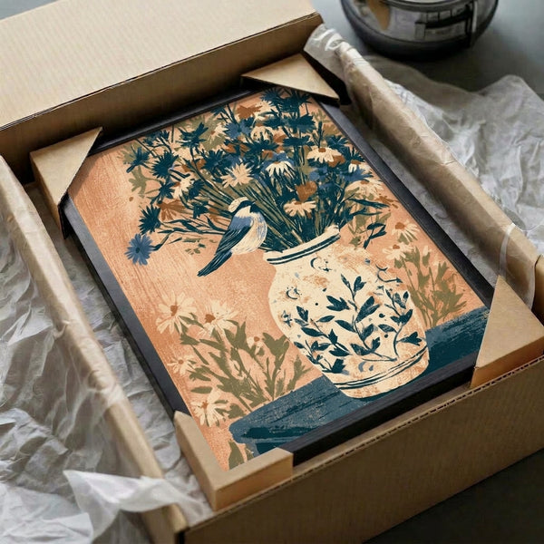Japandi-inspired bird and floral print showing a chickadee beside a minimalist vase of wildflowers in a serene palette of warm neutrals and soft teal.
