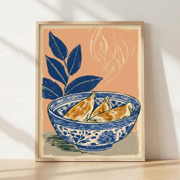 Minimalist Japandi art print depicting a navy blue porcelain bowl of dumplings with sage green leaves and ginger root, rendered in calm Japanese woodblock style on cream background.