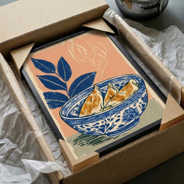 Japandi-inspired kitchen wall print of a carefully composed blue ceramic bowl with dumplings, delicate plant sprigs, and ginger in peaceful, meditative style.