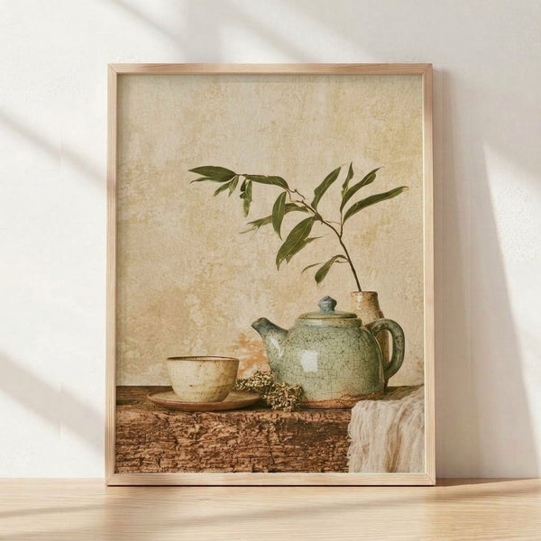 Minimalist watercolor poster featuring a sage green teapot with matching cup, dried branch, and ceramic vase arranged on a cream background in calm earth tones.