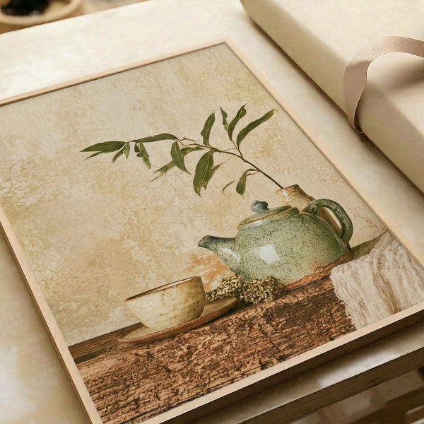 Serene watercolor composition of a teapot and tea service with delicate plant stems in muted sage and cream, embodying wabi-sabi minimalist aesthetics.