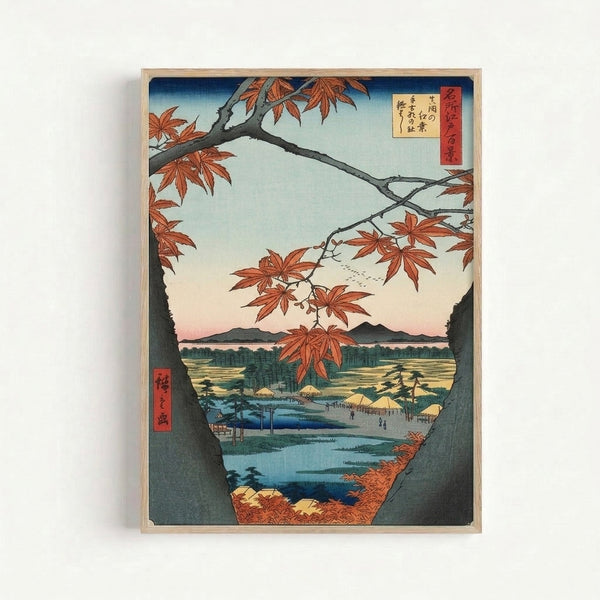 Contemplative ukiyo-e style artwork depicting a peaceful autumn scene with rust-orange maples, charcoal mountains, and pale cream sky reflected in calm waters below.