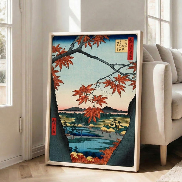 Framed Japanese woodblock art capturing the quiet mood of autumn with rich rust and orange maples, forest green vegetation, and misty blue mountains in classic ukiyo-e style.