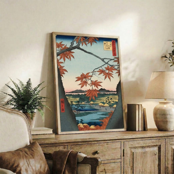 Autumnal Japanese print rendered in rust, deep blue, and cream tones featuring maple leaves and temple architecture nestled in a contemplative mountain and water landscape.