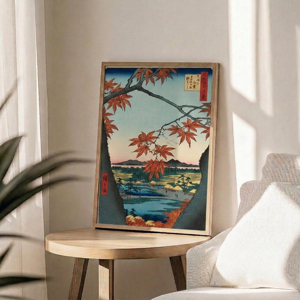 Serene woodblock-inspired artwork blending charcoal, forest green, and pale cream with vibrant rust-orange maples, mountains, and water in traditional Japanese landscape composition.