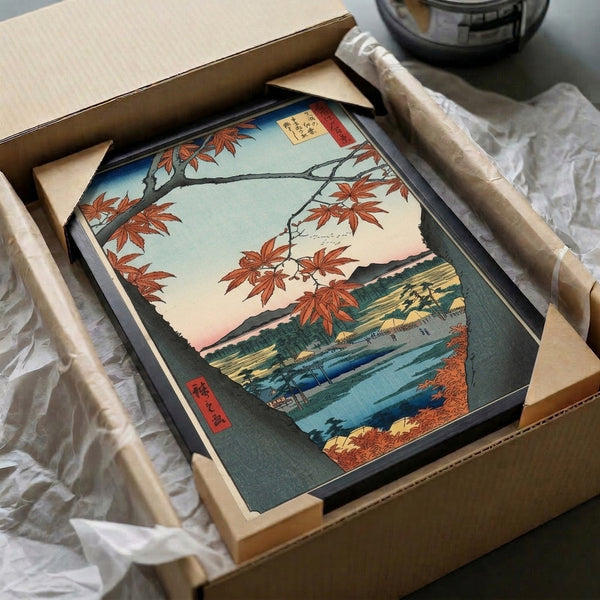 Japandi wall art in the style of Hiroshige depicting an introspective autumn scene with maple branch details, temple silhouette, and layered misty mountains in cool and warm tones.