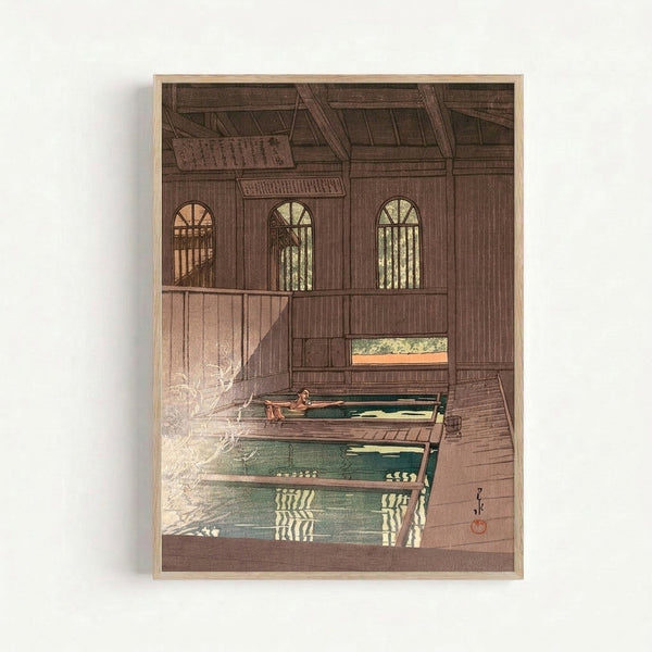 Contemplative Showa-era bathhouse interior art showing a bather near windows in soft peach and deep green hues, displayed as framed poster.