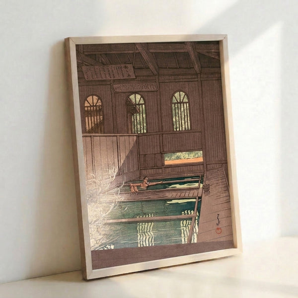 Tranquil Japanese onsen scene rendered in woodblock style with domestic warmth, featuring muted earth tones and black line work.