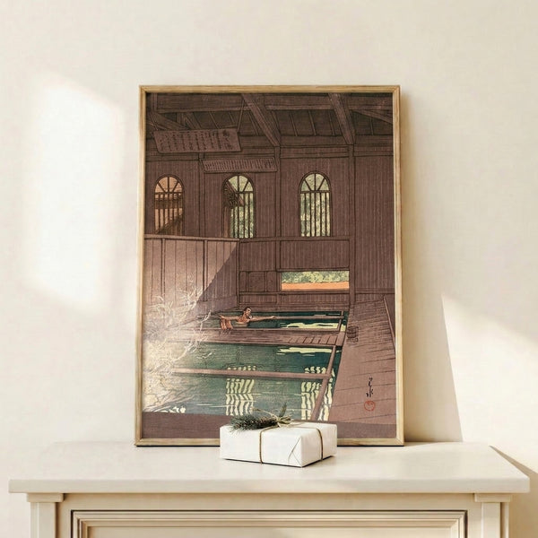 Traditional Japanese bathhouse print capturing peaceful interior moment through soft cream, brown, and green color palette in vintage woodblock technique.