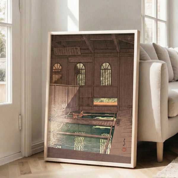 Serene domestic bathhouse artwork in Japanese woodblock aesthetic, framed and hung, evoking quiet contemplation in warm, muted tones.