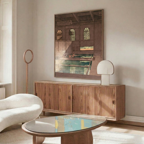 Showa-period inspired bathhouse interior art showing figure by water and windows, executed in gentle warm browns with touches of peach and green.