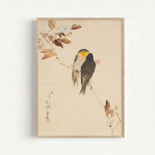 Serene Japanese woodblock-inspired poster of birds among fall foliage, painted in soft watercolor with contemplative golden-brown and charcoal palette.