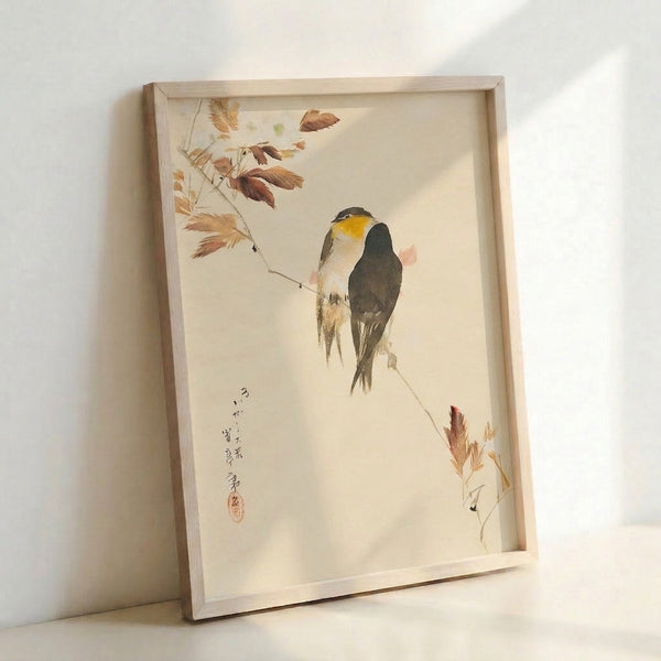 Wall art print in the style of Ito Jakuchu showing delicate songbirds nestled in ochre and brown autumn branches, watercolor impressionist technique on cream.