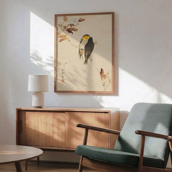 Contemplative Japanese watercolor art print with songbirds perched on branches dotted with golden-yellow fall leaves, charcoal and brown color palette.