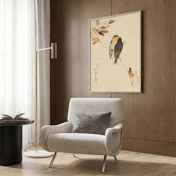 Framed Asian art print in woodblock-watercolor style showing delicate birds among serene autumn branches in warm ochre, brown, and cream tones.