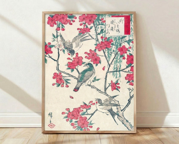Japanese woodblock print featuring birds perched among delicate cherry blossoms and drooping willow branches, rendered in deep teal, rose pink, and cream with bold black ink lines in traditional ukiyo-e style.