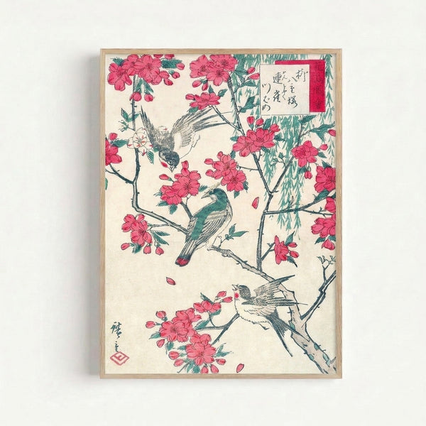 Serene woodblock art depicting graceful birds nestled within flowering cherry branches, painted in soft rose and cream tones against deep teal, evoking contemplative tranquility.