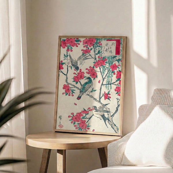 Contemplative Japanese woodblock artwork capturing birds among delicate cherry blossoms and willow fronds, featuring serene composition in teal, rose, cream, and bold ink strokes.