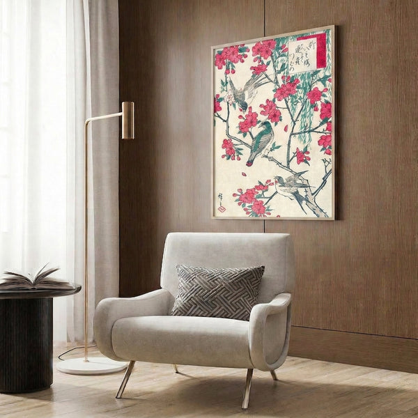 Classic ukiyo-e style poster with birds and flowering cherry branches against willow elements, rendered in graceful deep teal and rose pink tones with striking black linework.