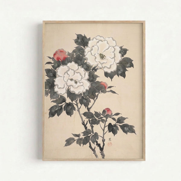 Classical Japandi botanical poster showcasing peony flowers and branches in soft rose tones with gray linework and muted green foliage, contemplative Eastern aesthetic.