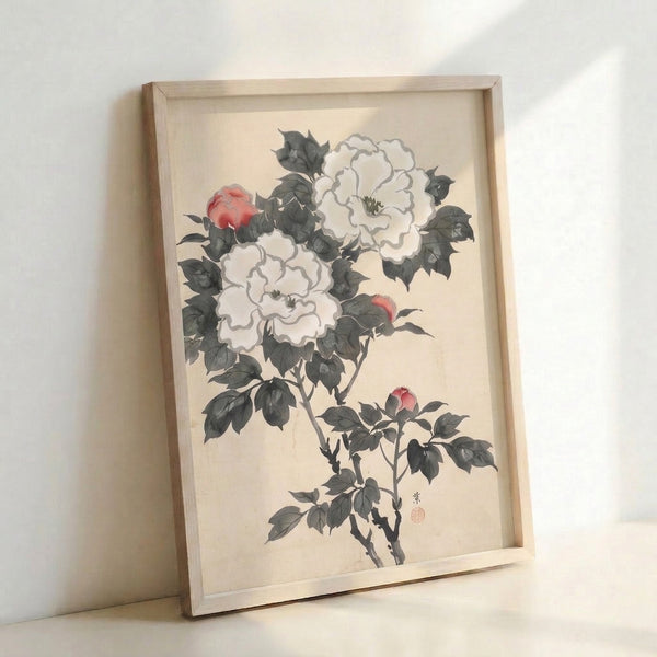 Framed art print of Ito Jakuchu's peony composition displaying intricate details of blooming flowers, buds, and leafy stems in harmonious cream, charcoal, and rose-red palette.