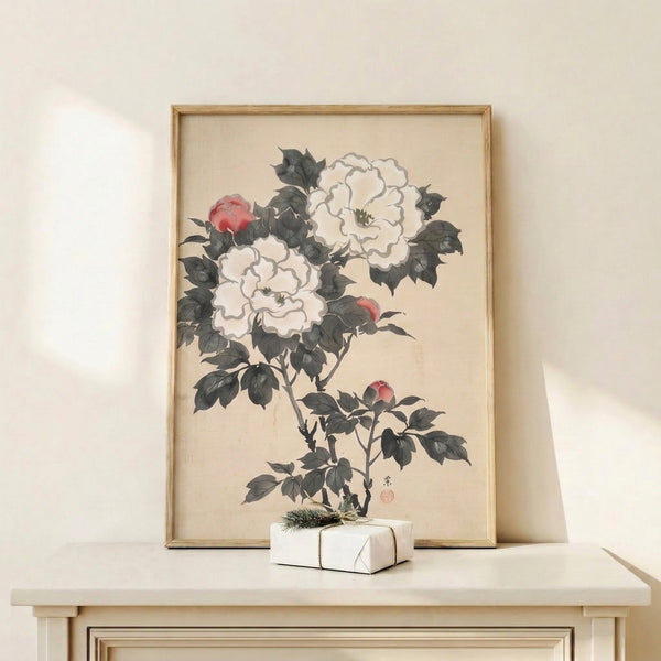 Zen-inspired botanical wall art capturing delicate peony blossoms and graceful branches in traditional Japanese woodblock style with calming cream and gray tones.