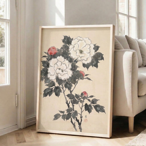 Contemplative floral poster showing layered peony blooms and foliage in charcoal and rose accents against cream ground, evoking classical Japanese garden aesthetics.