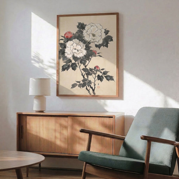 Pale cream background peony art print with rose-red flowers and muted green leaves rendered in refined charcoal tones, reflecting serene Japanese artistic tradition framed on wall.