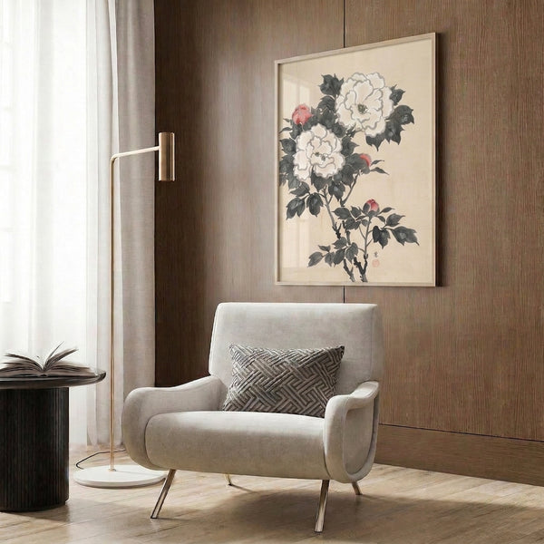 Japandi wall poster depicting botanical peony study with soft rose petals, gray linework, and pale green stems, evoking tranquil classical Eastern artistic sensibility.