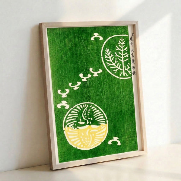 Framed botanical wall art combining Art Nouveau curves with Japanese woodblock aesthetics, showcasing layered greens and cream palette.