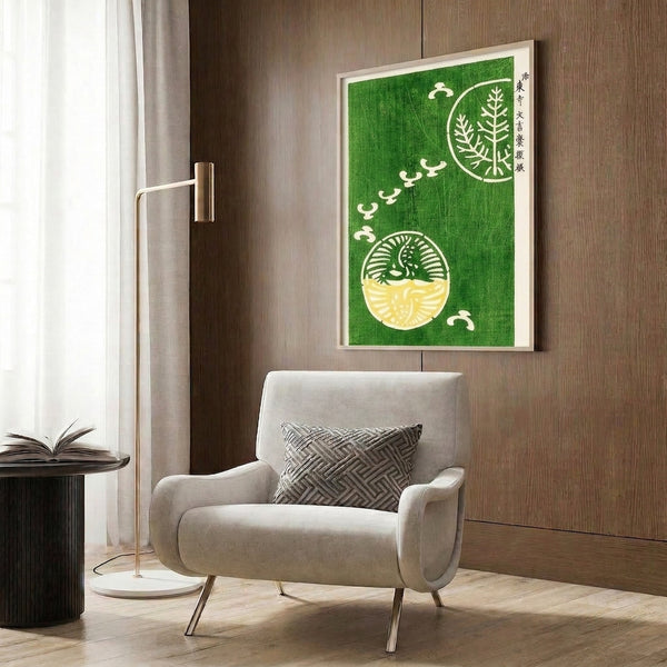 Zen nature print featuring stylized fern fronds and botanical details in the traditional Japanese woodblock technique, calm color palette.