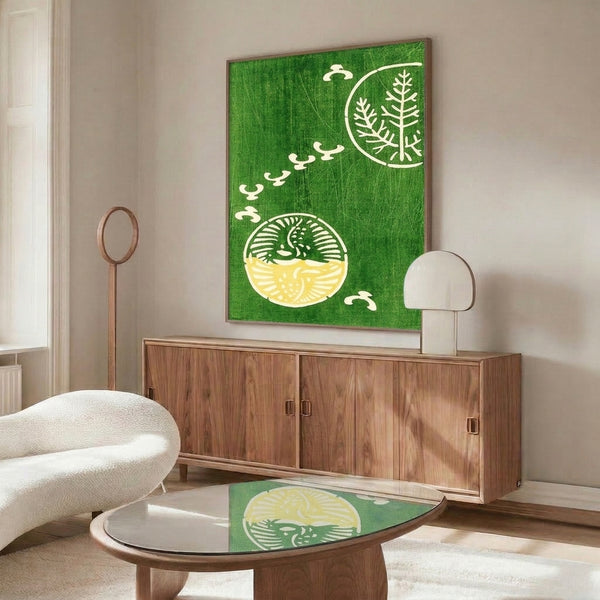 Pale yellow and forest green framed art print with minimalist plant forms inspired by Japanese woodblock printing and wabi-sabi design principles.