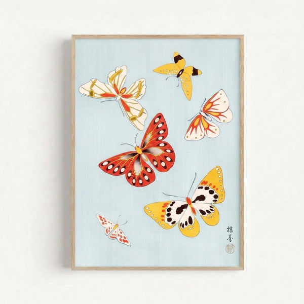 Pale blue and cream background displays intricately detailed butterflies in red and gold tones, executed in the refined line-art style of Japanese woodblock prints.