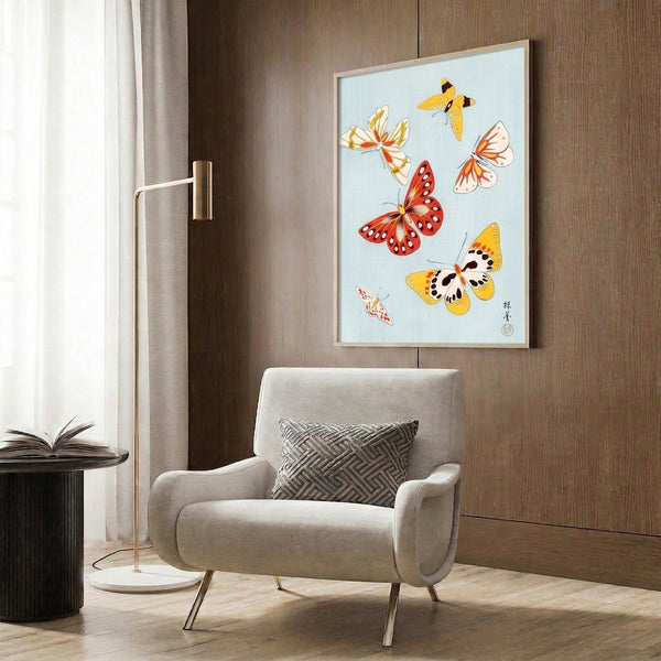Naturalistic butterfly print with elegant line details in red and gold against a serene pale blue and cream palette, reflecting traditional Japanese artistic technique.