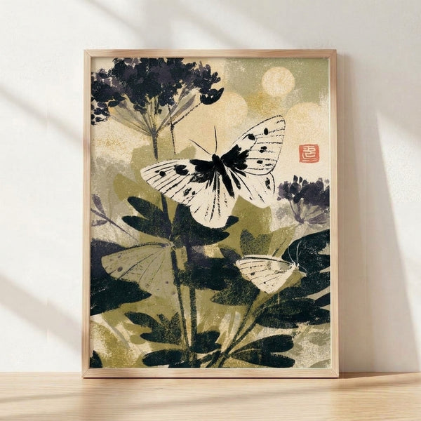 Serene Japanese woodblock-style botanical poster featuring delicate butterflies among flowering plants in cream, olive green, and navy tones, framed on a wall.